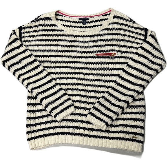 Tommy Hilfiger Sweaters - Tommy Hilfiger Cable Knit Sweater Womens Size L Pullover Pocket White Navy NWT